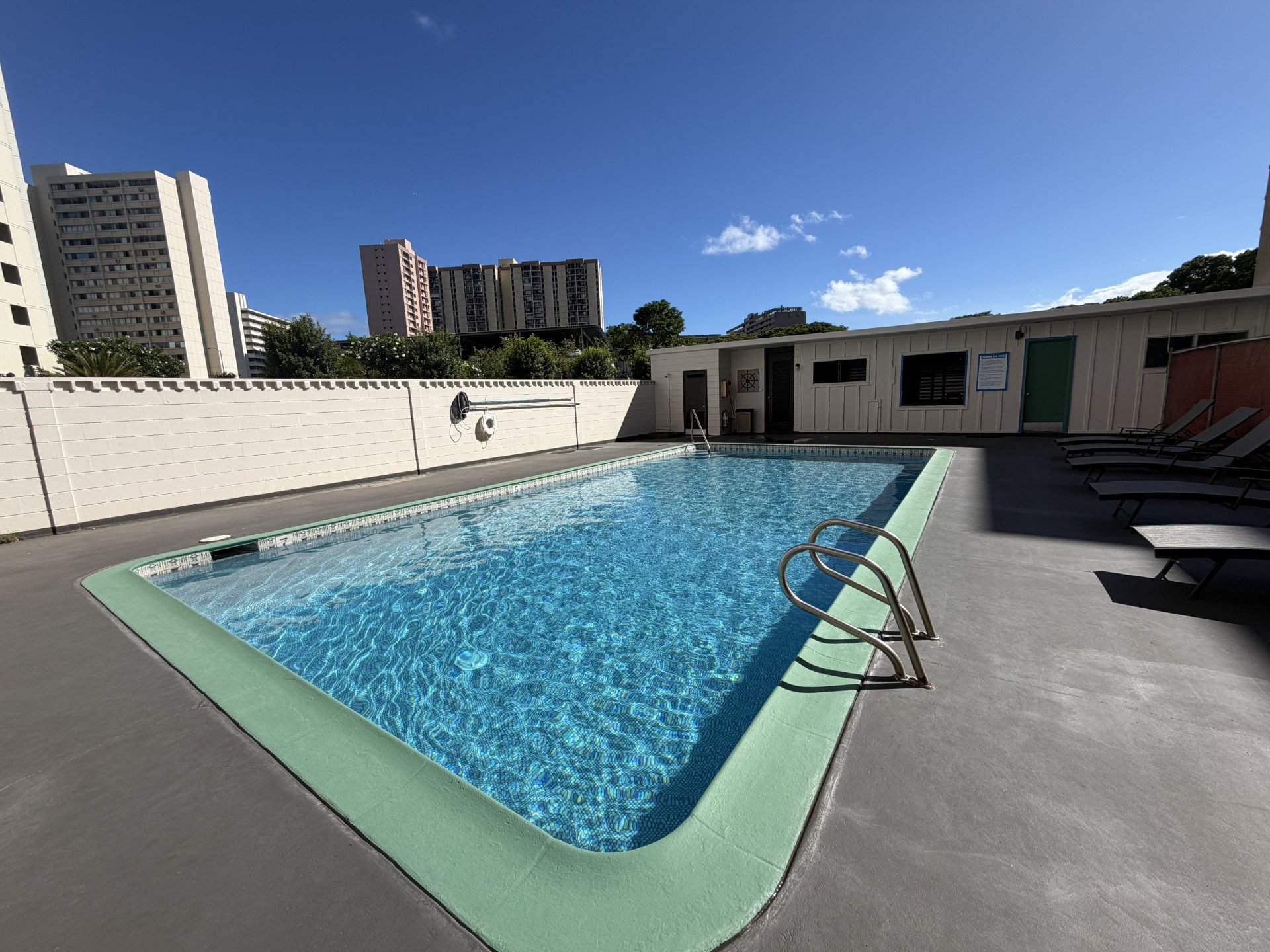 A small pool with a green border and a metal ladder.
